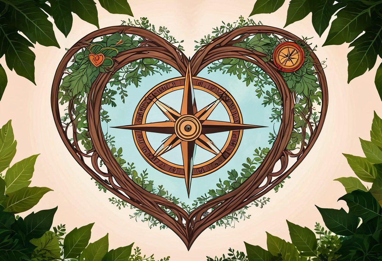 A heart-shaped compass symbolizing love, surrounded by intertwined vines representing personal growth. In the background, a serene landscape with diverse couples connecting and sharing experiences. Soft, warm colors evoke a sense of comfort and intimacy. The scene should radiate positivity and emotional depth. super-realistic. vibrant colors.