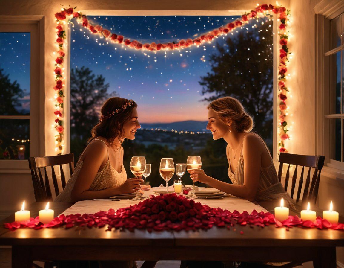 A cozy, candlelit dinner setting for two, adorned with rose petals and soft fairy lights, capturing a moment of deep connection and laughter. In the background, silhouettes of a couple embracing under a starlit sky, symbolizing intimacy and shared memories. Warm colors radiate feelings of love and comfort. super-realistic. romantic ambiance. vibrant colors.