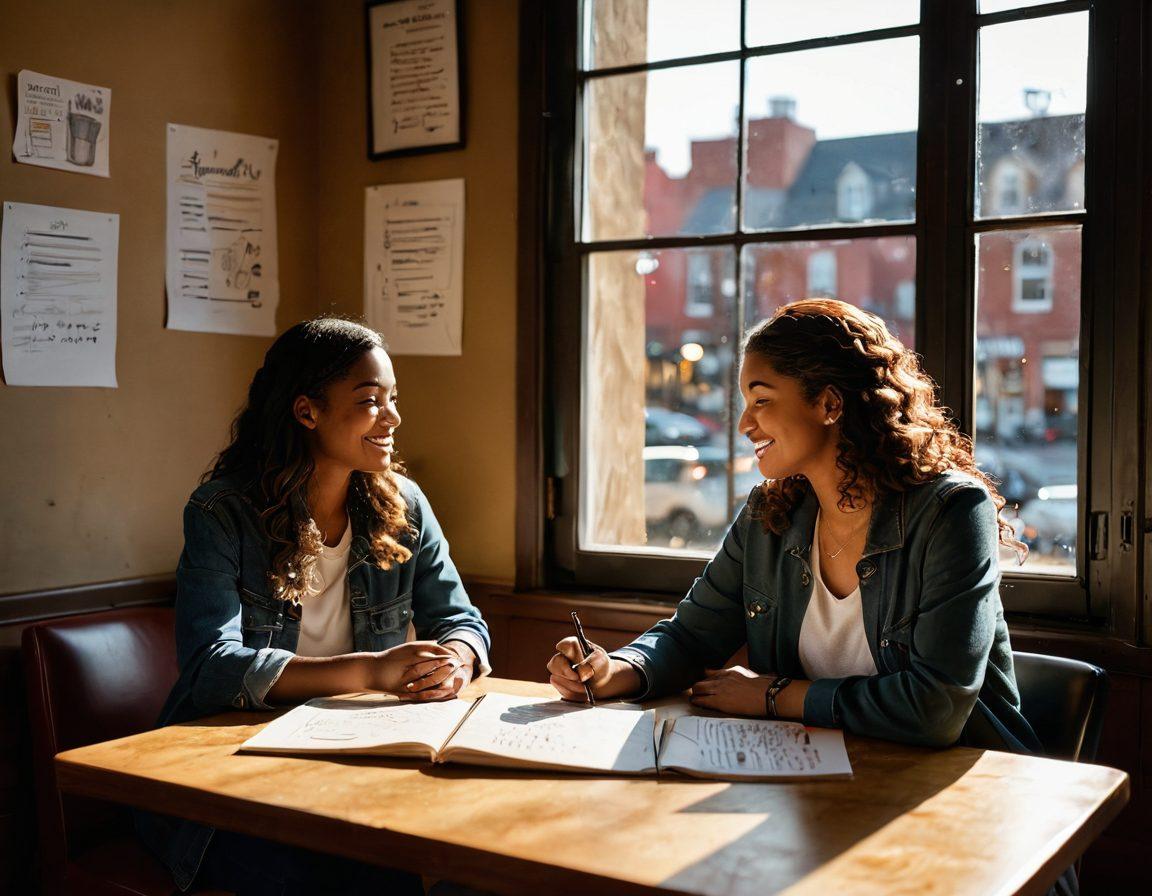 An intimate coffee shop scene, where a diverse couple is engaged in deep conversation, surrounded by inspiring quotes on the walls about personal growth and companionship. There's natural light pouring in through the window, casting warm shadows and highlighting their expressions of connection. A small table between them holds a notebook filled with ideas and sketches. The atmosphere is cozy and inviting, symbolizing warmth and partnership. super-realistic. vibrant colors. cozy atmosphere.